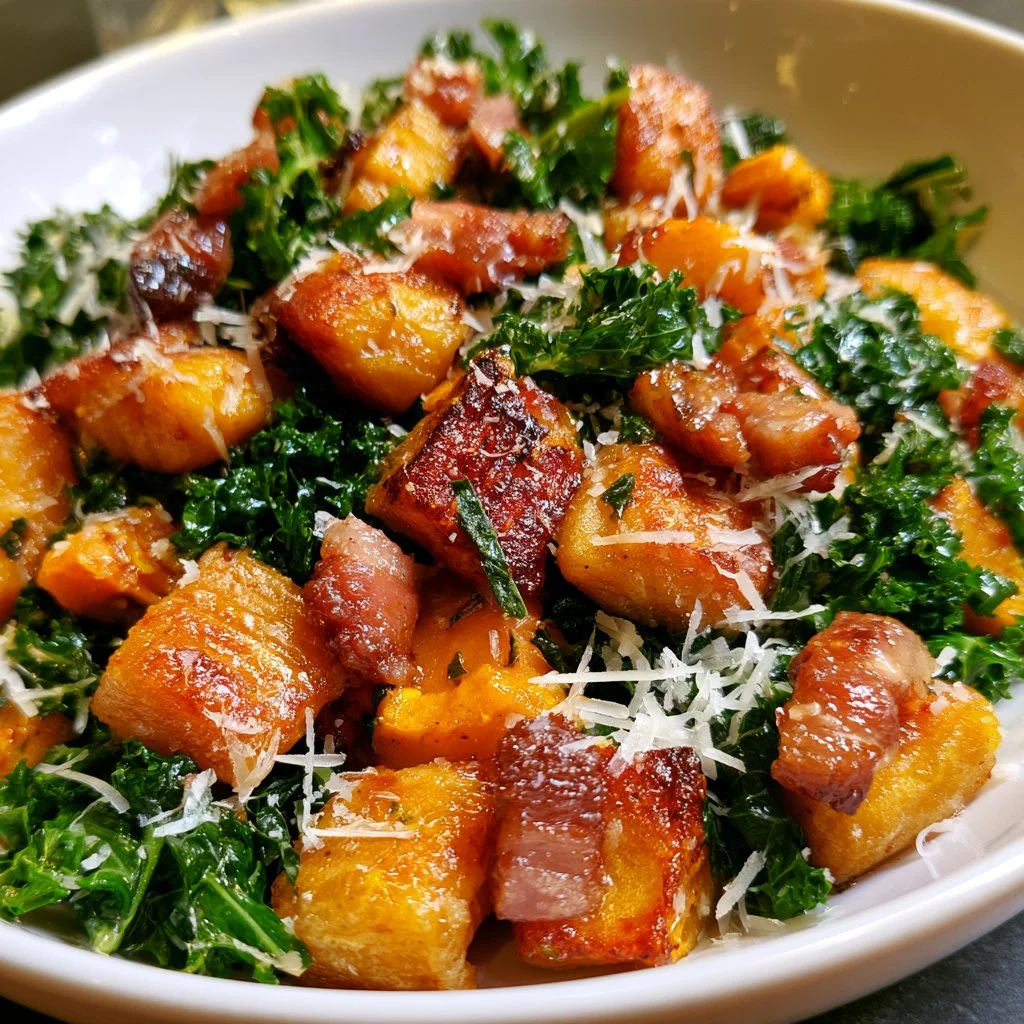 Crispy Pumpkin Gnocchi with Kale and Pancetta