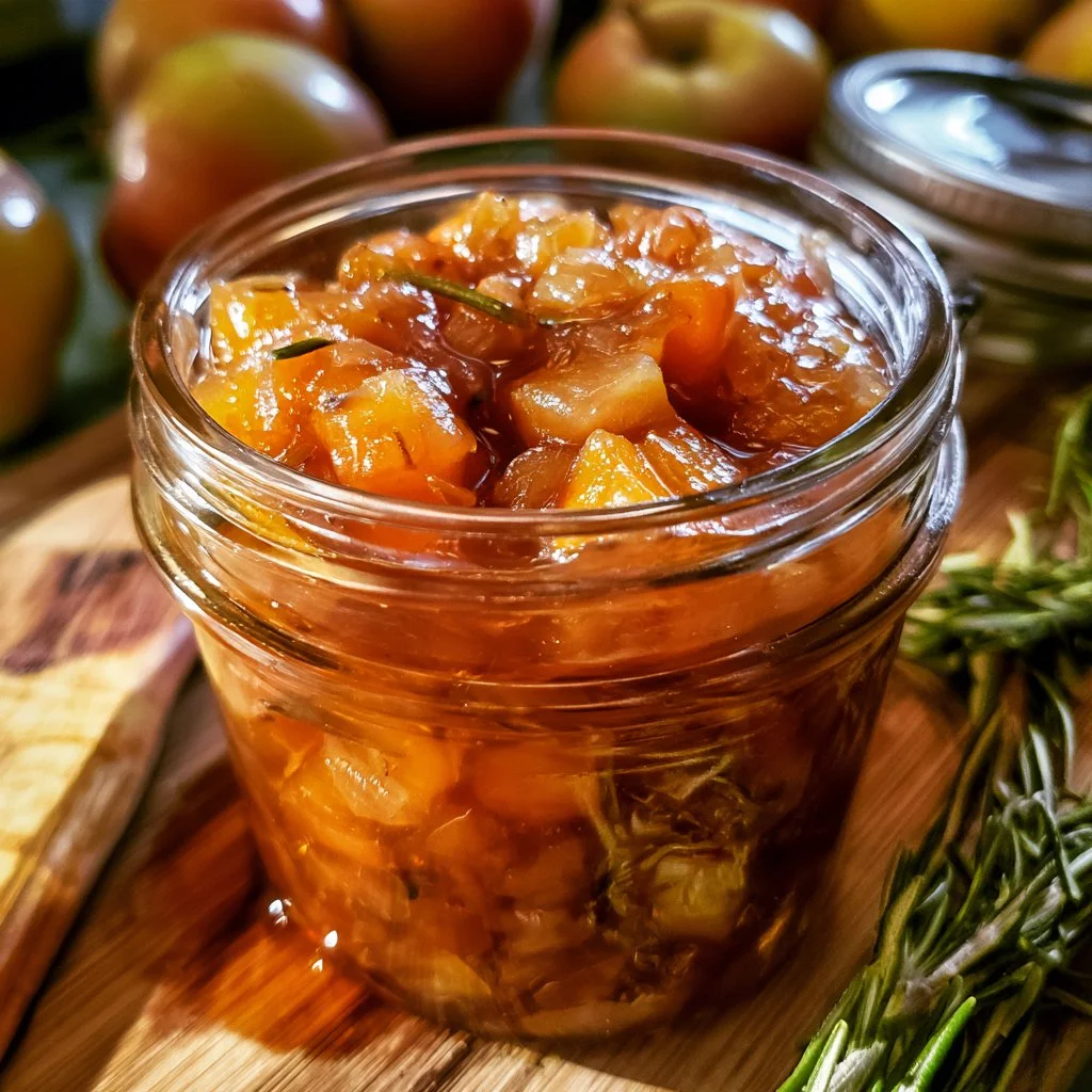 Honeycrisp rosemary apple chutney served in a rustic bowl