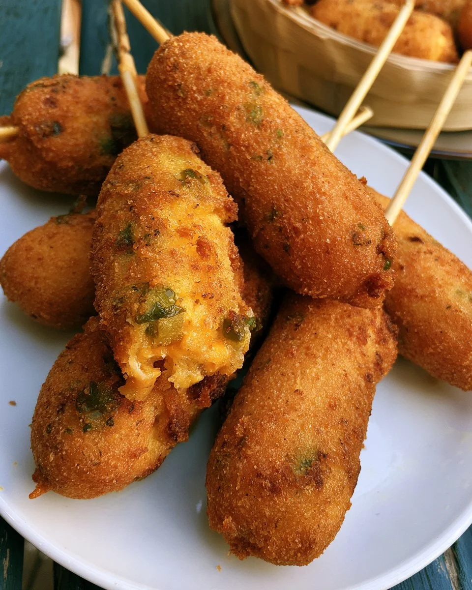 Jalapeño cheddar corn dogs served on a plate, ready to eat.