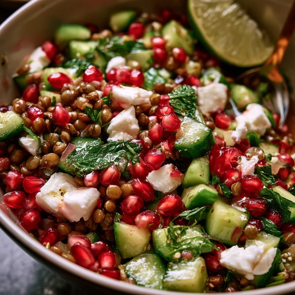 Pomegranate Lentil Cucumber Feta Salad