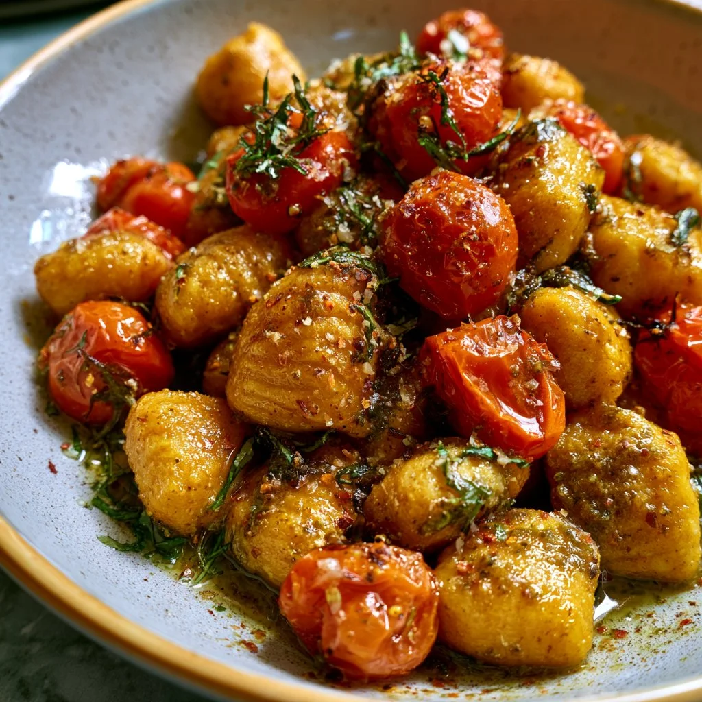Pumpkin Gnocchi with Basil Pesto and Roasted Tomatoes