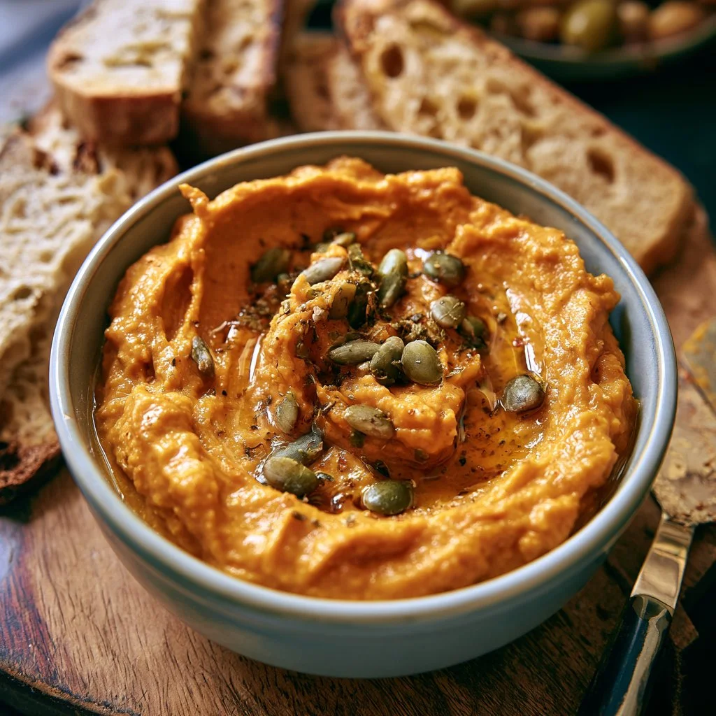Pumpkin Whipped Feta Dip served in a bowl with crackers and herbs on the side