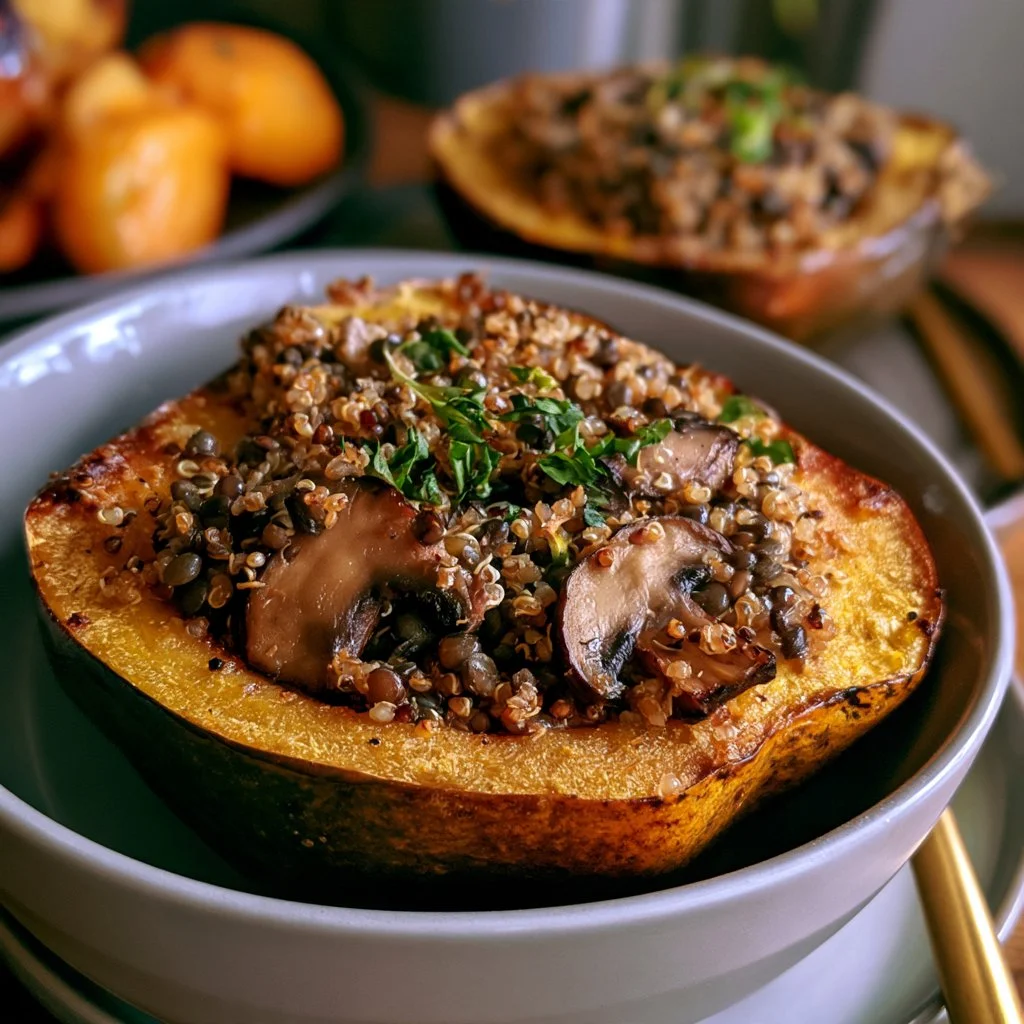 Quinoa Lentil Mushroom Stuffed Acorn Squash