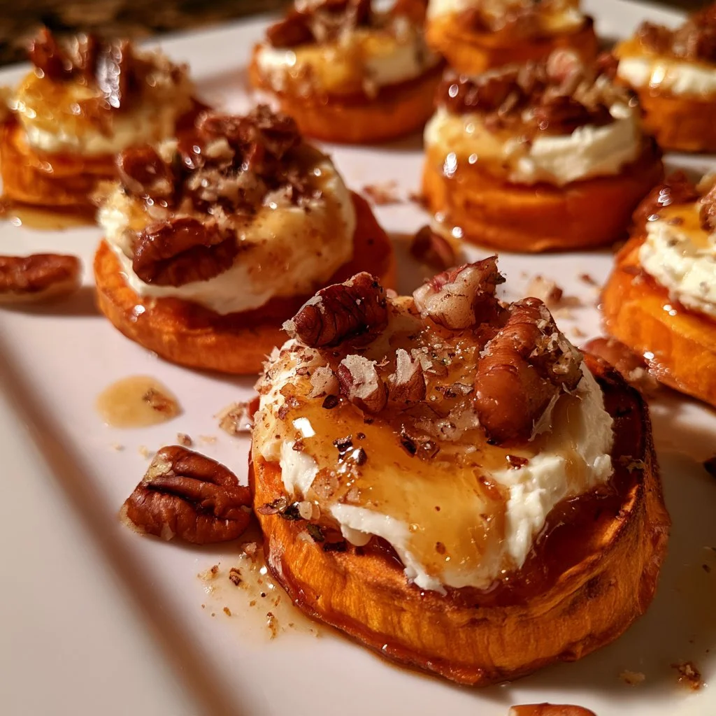 Sweet potato rounds with goat cheese and pecans on a plate